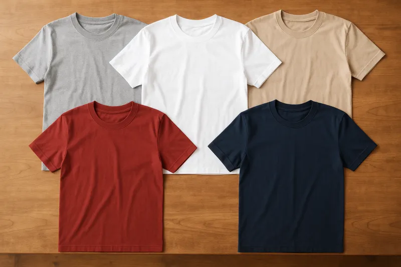 Camisetas lisas em cinza, branco, bege, vermelho e azul-marinho